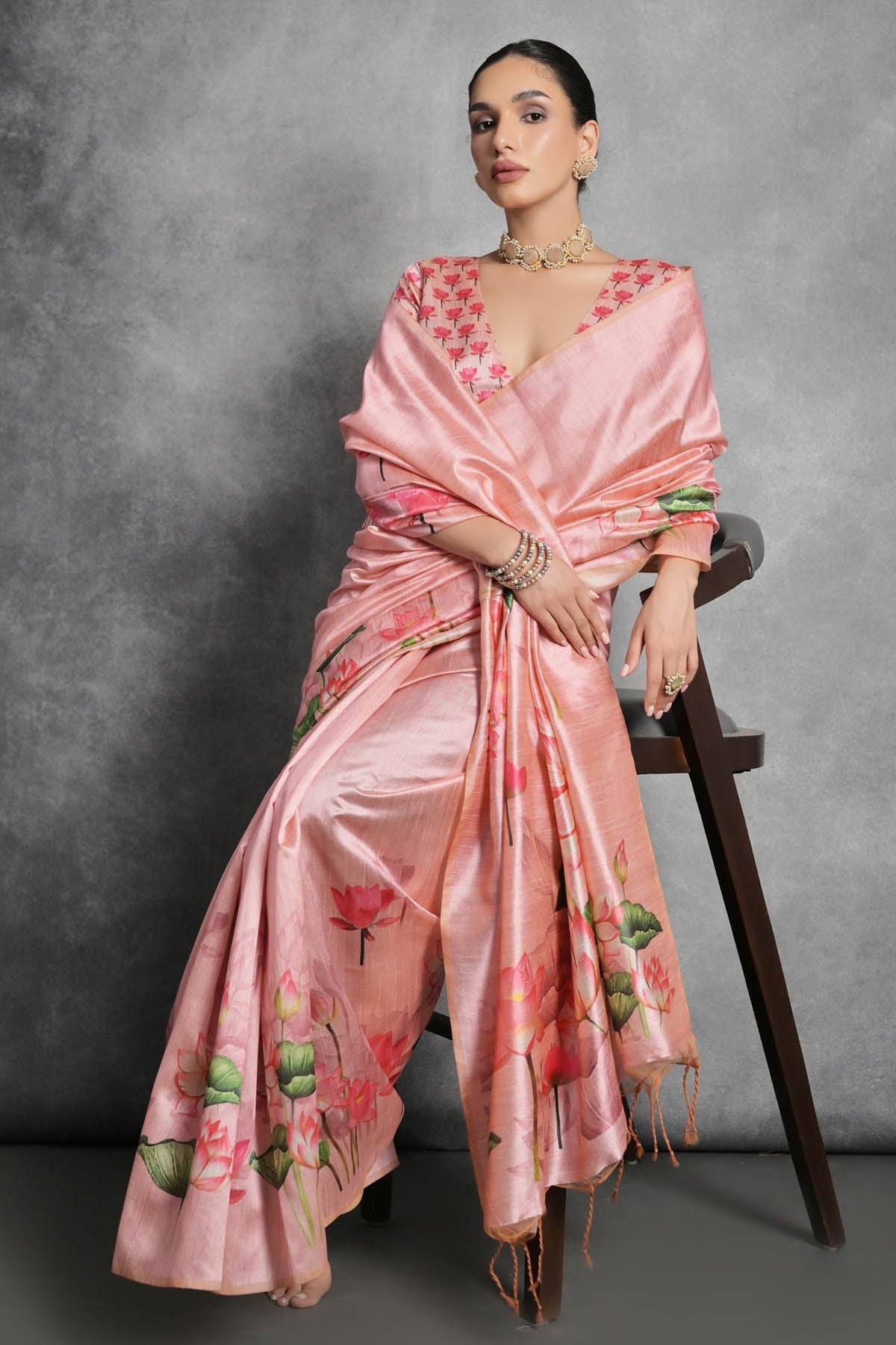 Buy Designer Peach Lotus Print Silk Saree Online